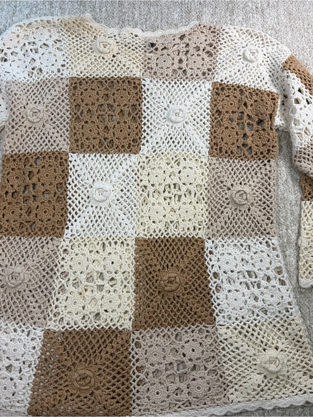 Vintage Neutral Crochet Patchwork Throw - Cream & Brown